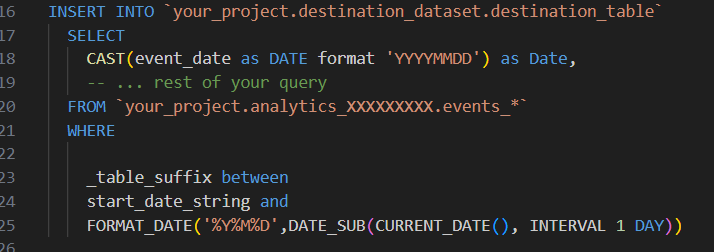 Inserting a data from a specific date range into a BigQuery table with DML