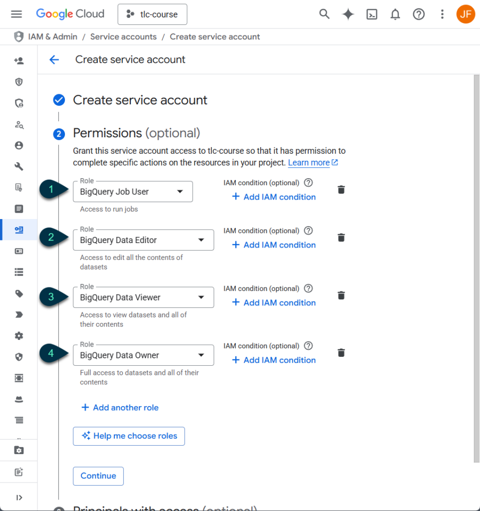 Screencapture of Service Account Permissions to use Dataform