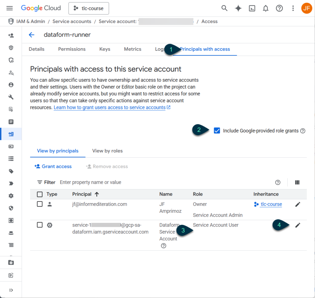 Screenshot of Dataform Service Account Principals with Access