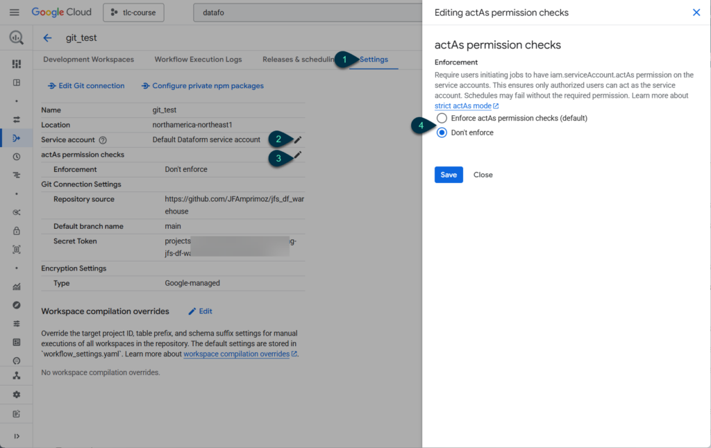 Screenshot Switch a Dataform repo to enforce ActAs permission checks.